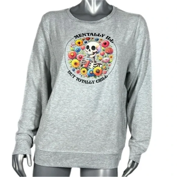 WILDFOX | Floral Skull ‘Mentally Ill But Totally Chill Graphic Print Long sleeve - Picture 2 of 10